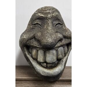 Vintage Smiley Face Grotesque Cast Stone Composite Garden Head 9” 1980-90s